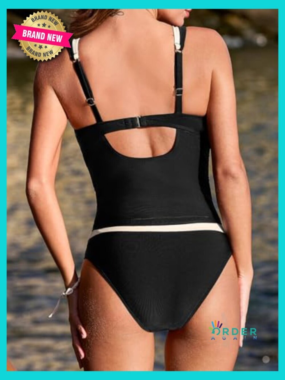 Cutout Tankini Set Scoop Neck U Wire Tummy Control Back Hook Adjustable Straps - Picture 2 of 6